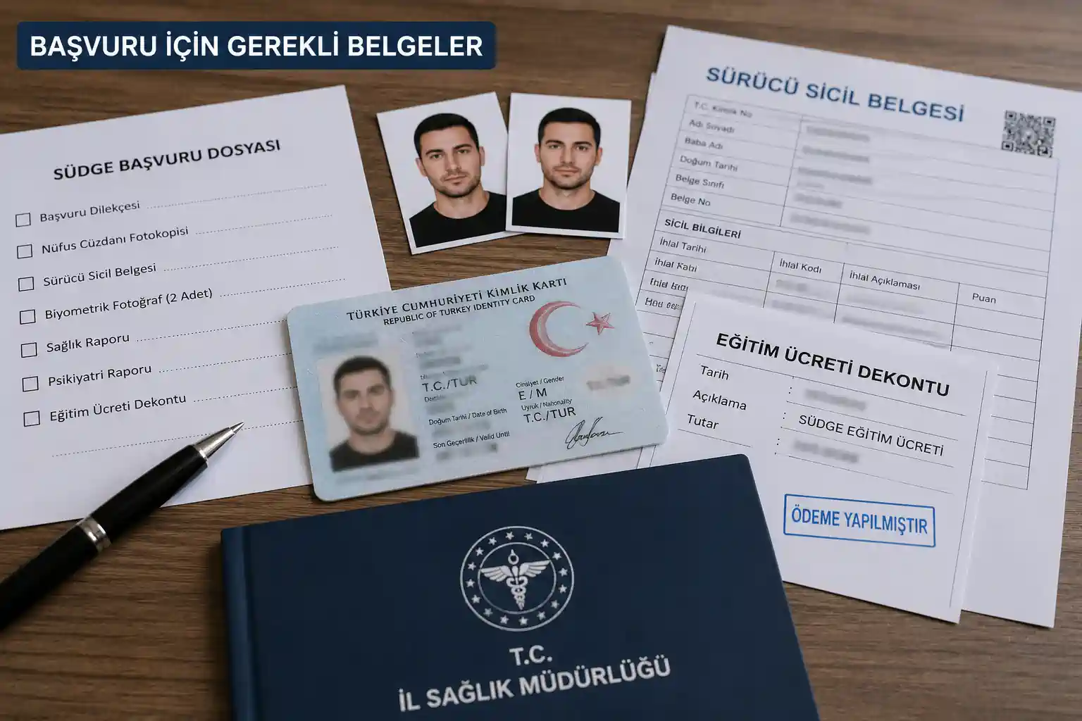 SÜDGE başvurusu için gerekli evraklar: sürücü sicil belgesi, kimlik fotokopisi, biyometrik fotoğraflar ve eğitim ücreti dekontu.