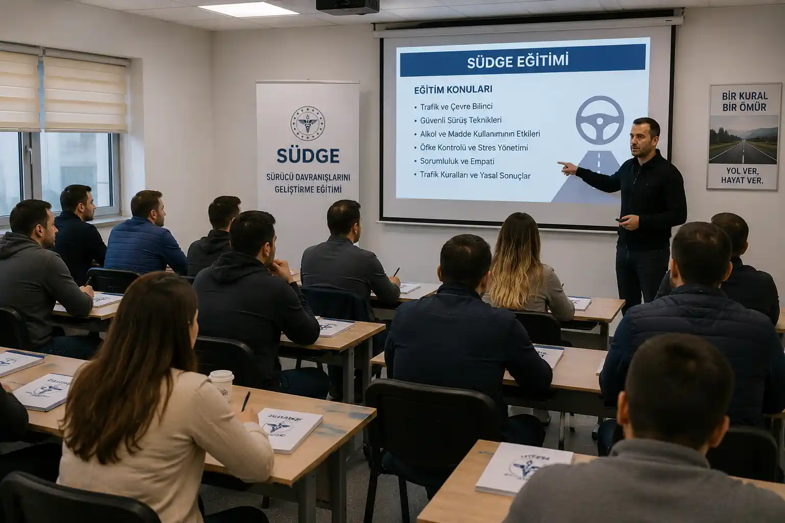 SÜDGE eğitiminde sürücülere trafik güvenliği, alkolün etkileri ve güvenli sürüş konularında teorik eğitim veriliyor.